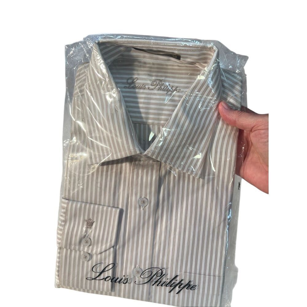 Louis Philippe Men’s Khaki/ White Stripe   Dress Shirt Sz 44 NWT
